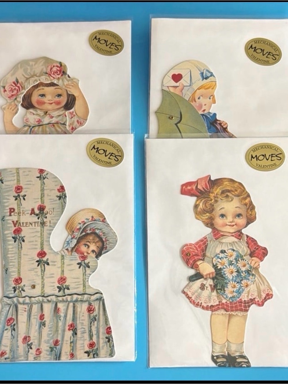 NEW Vintage Style Mechanical Moves Valentine Cards - Set of 4 Girls Collection